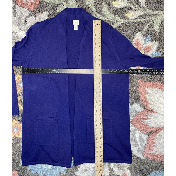 Chicos Longline Cardigan Size 3 (XL) Purple Knit Beaded Sleeves Duster Pockets - Picture 10 of 11